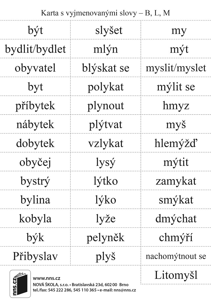 Karta vyjmenovaných slov k učebnici Český jazyk pro 3. ročník